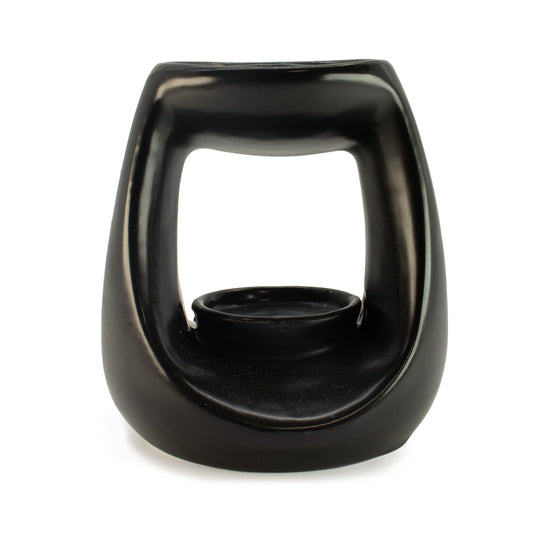 Black ceramic cat feeder on a white background