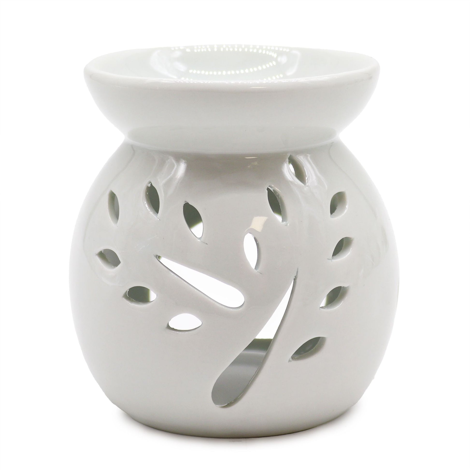 Lrg Classic White Oil Burner - Tree Cut-out - Ceramic Classic White Oil Burners. These oil burners have been finished with