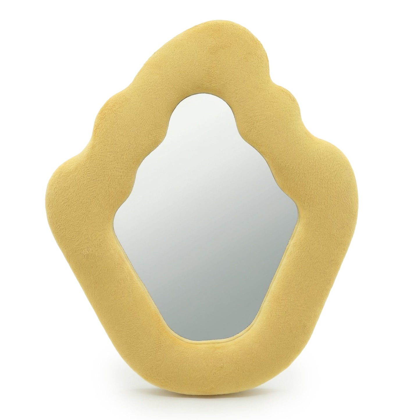 Yellow decorative mirror with a unique shape on a white background