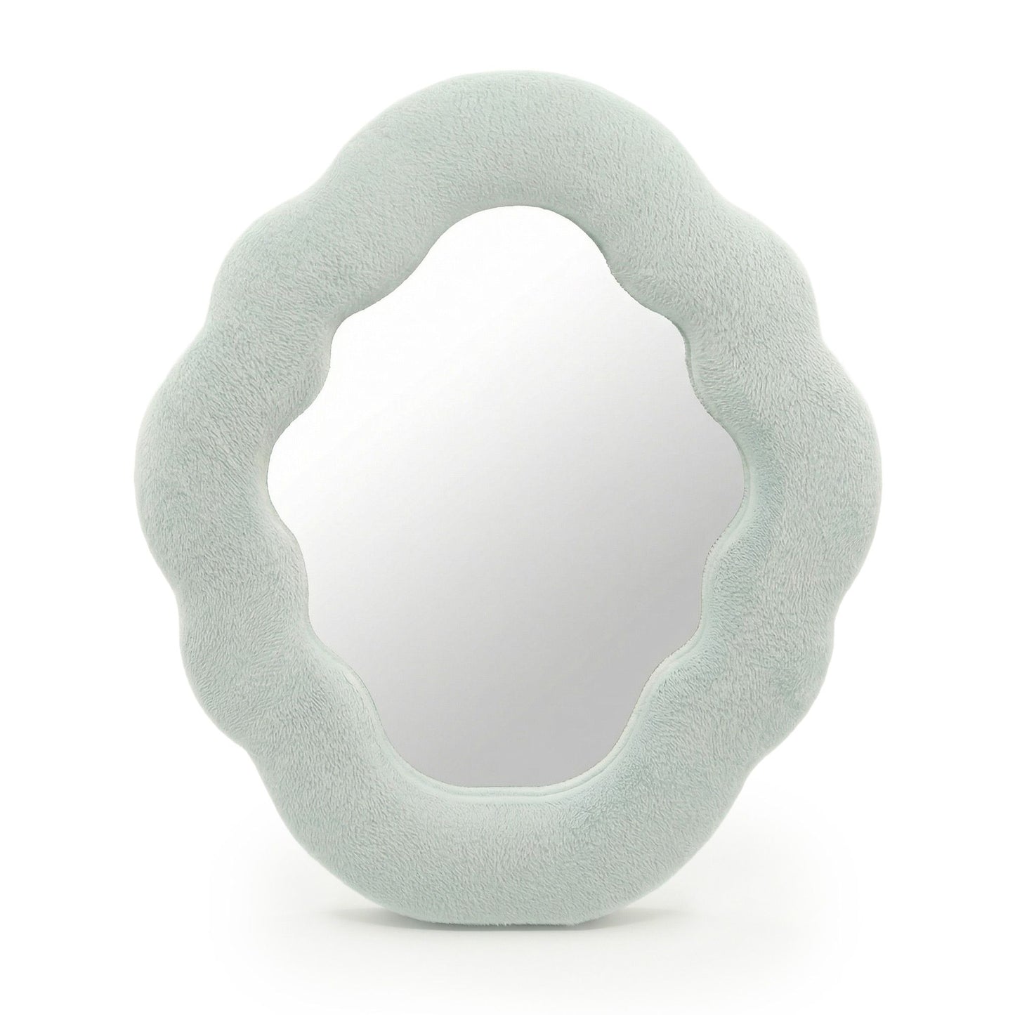 Round, light gray cushion with a textured surface on a white background
