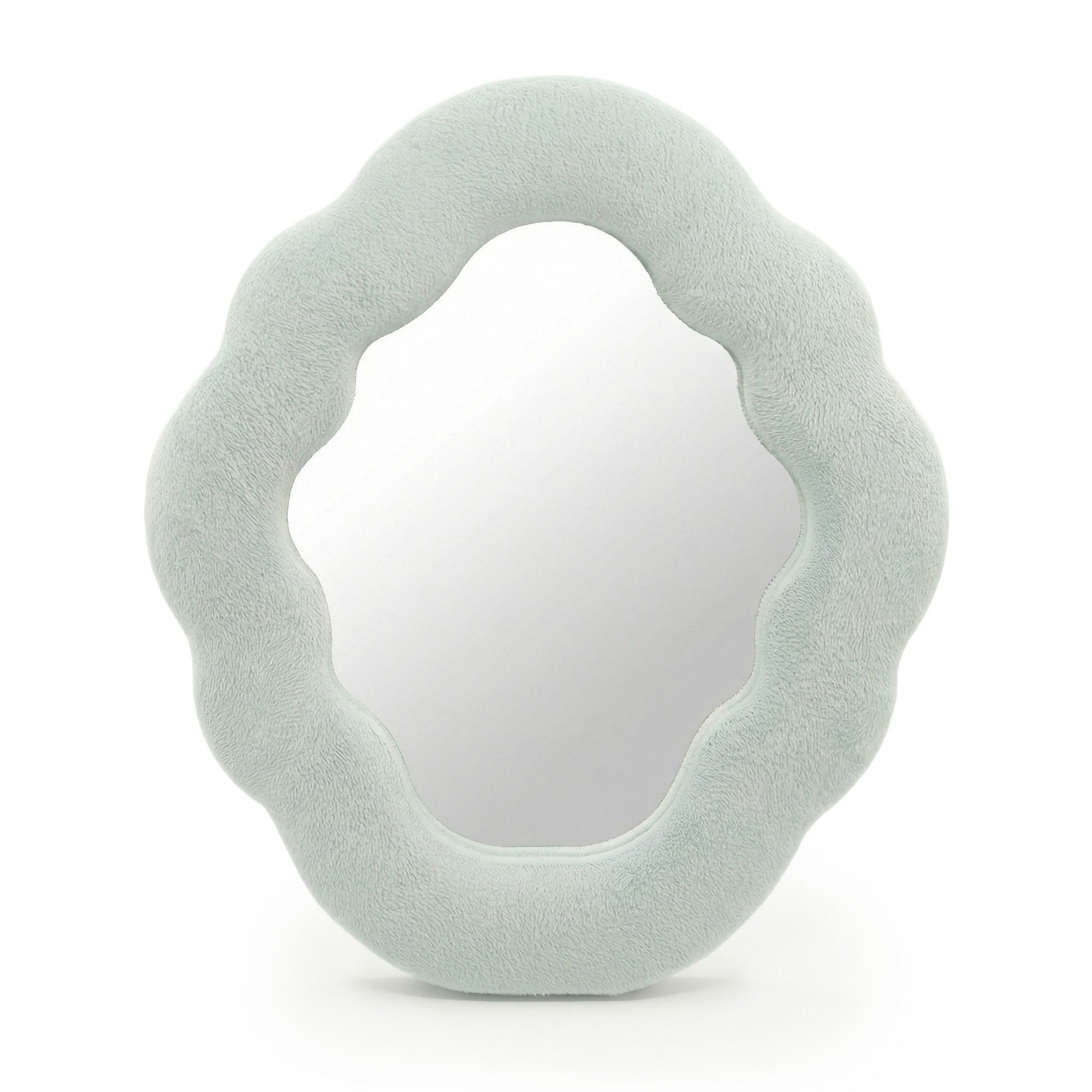 Round, light gray cushion with a textured surface on a white background