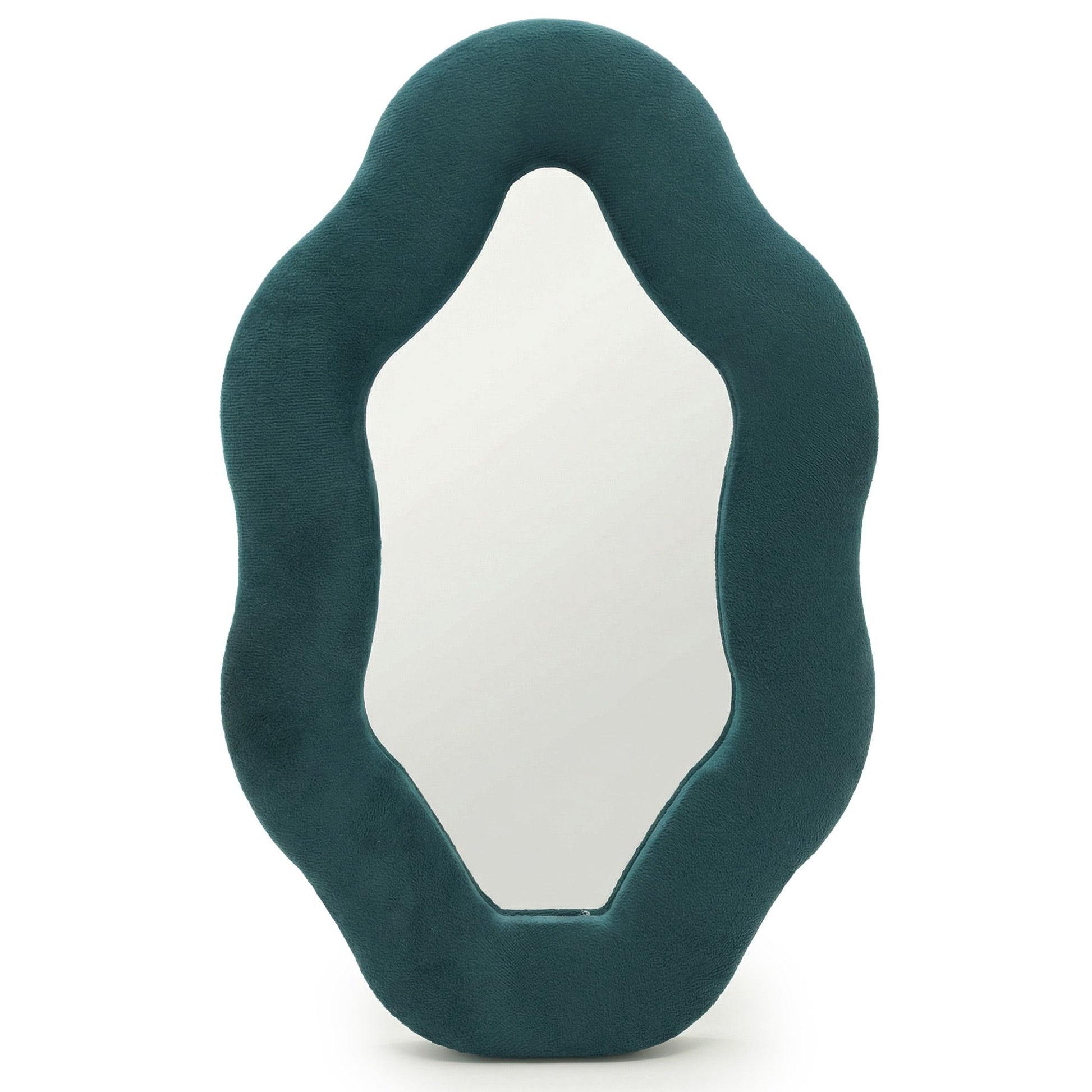 Teal decorative mirror with wavy frame on a white background