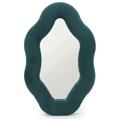 Teal decorative mirror with wavy frame on a white background