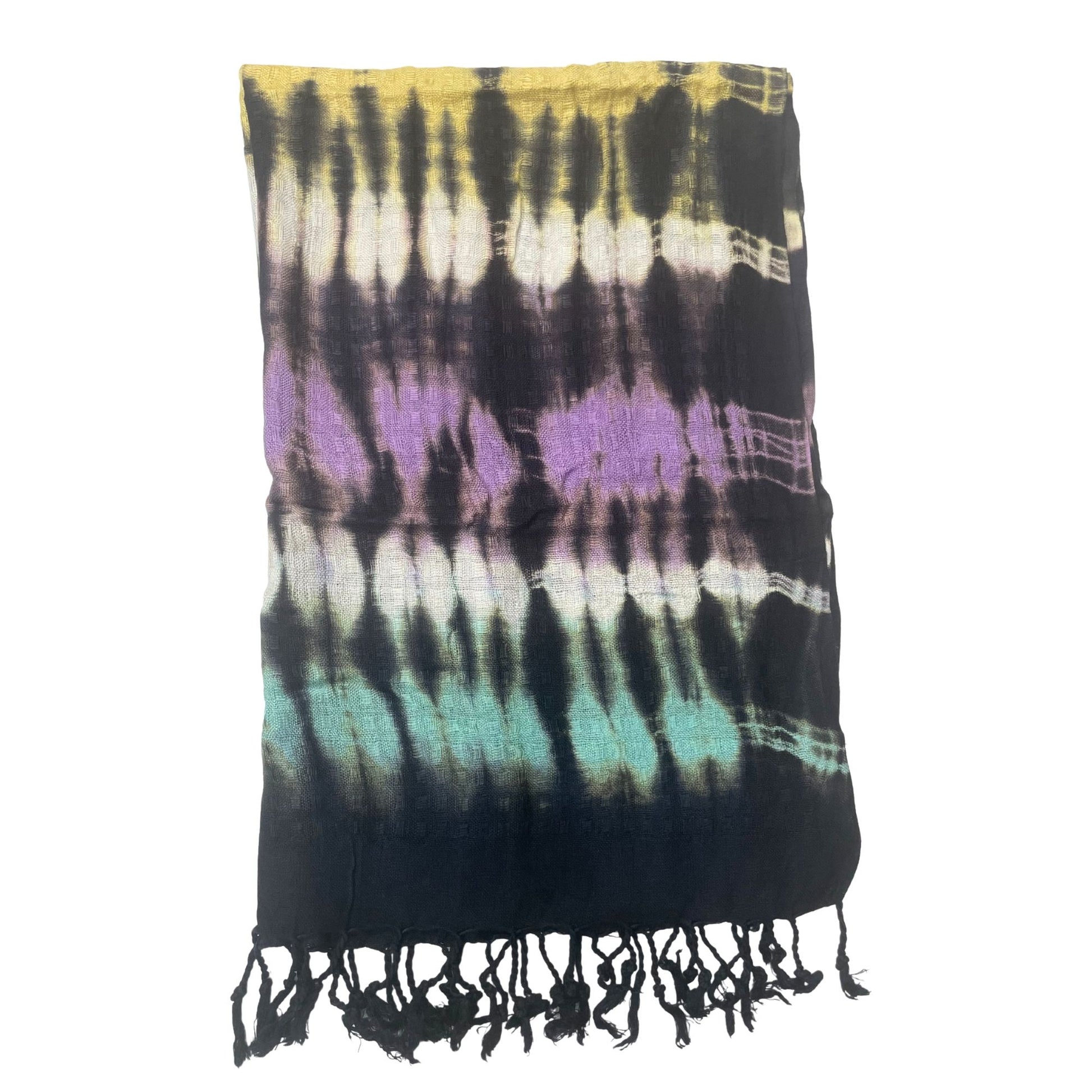 Tie-dye towel with black, purple, and teal pattern on a white background