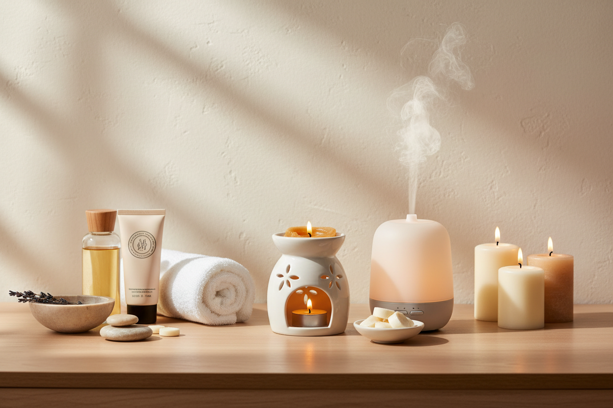 Calm spa hero banner with candles, wax melts, and aromatherapy products